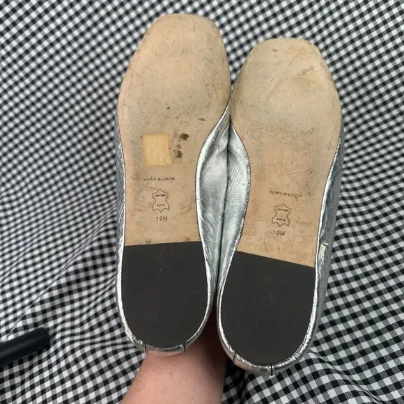 Tory Burch Ines Metallic Leather Ballet Flats Silver Square Toe Womens Size 10 - Picture 4 of 6